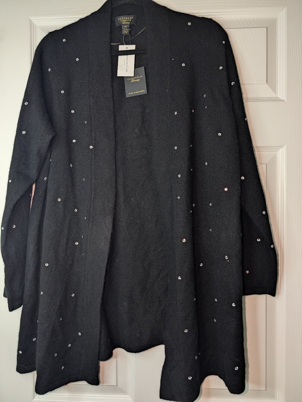 100% Cashmere, Charter Club Luxury,  Black Rhinestone Open Front Cardigan 2X NWT